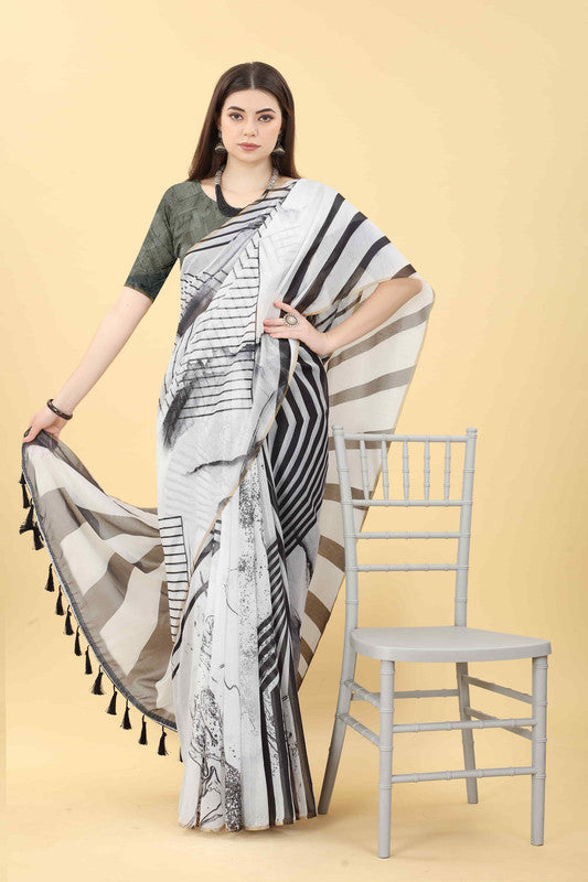 Black Cotton Blend Printed Striped Saree with Unstitched Blouse - Hiral Fashion | Swadesiicart