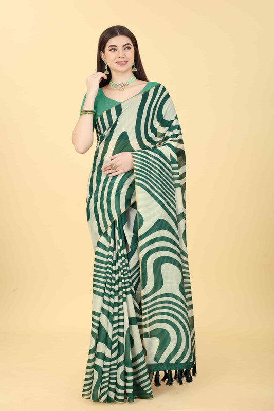 Green Cotton Blend Printed Striped Saree with Unstitched Blouse - Hiral Fashion | Swadesiicart