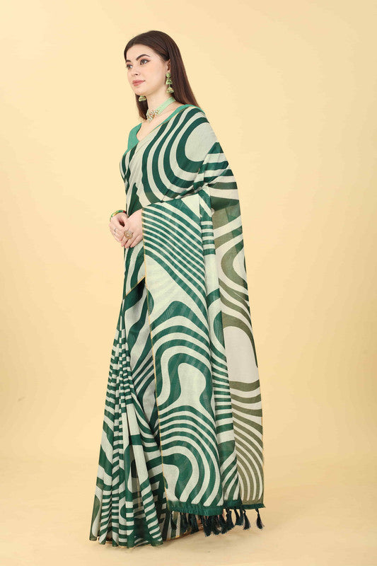 Green Cotton Blend Printed Striped Saree with Unstitched Blouse - Hiral Fashion | Swadesiicart