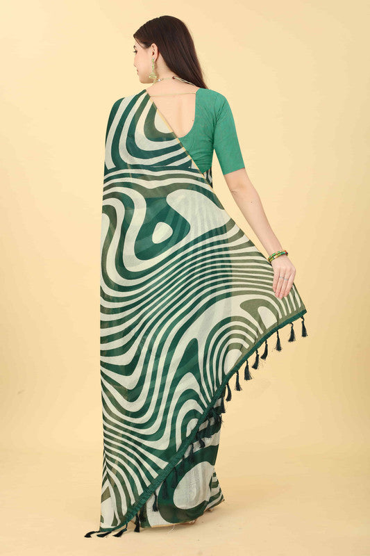 Green Cotton Blend Printed Striped Saree with Unstitched Blouse - Hiral Fashion | Swadesiicart