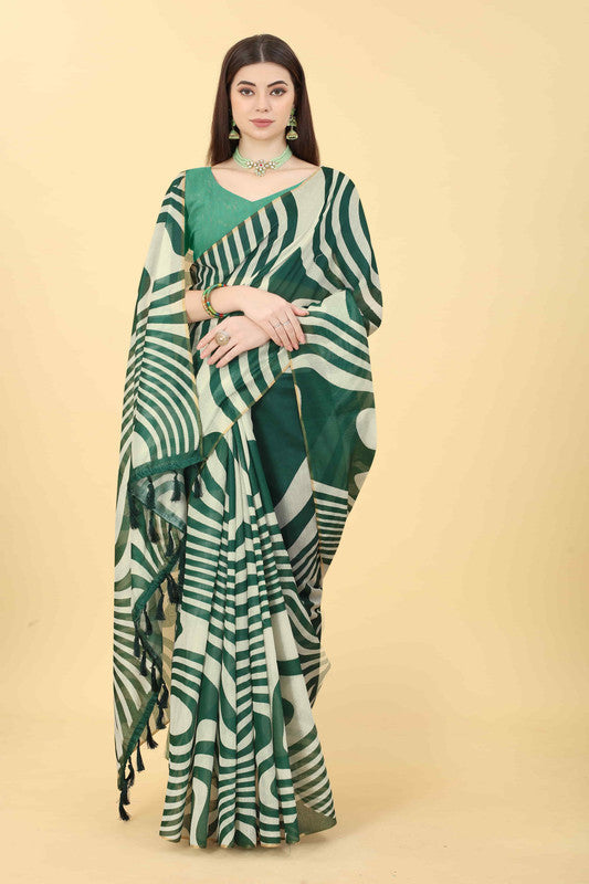 Green Cotton Blend Printed Striped Saree with Unstitched Blouse - Hiral Fashion | Swadesiicart