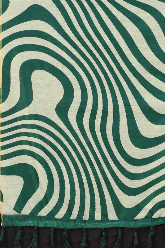 Green Cotton Blend Printed Striped Saree with Unstitched Blouse - Hiral Fashion | Swadesiicart