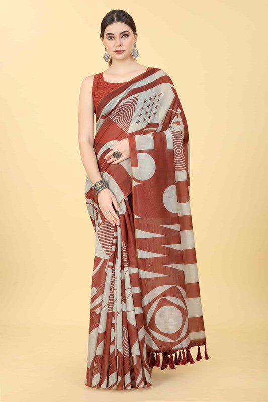 Maroon Cotton Blend Printed Geomatric Saree with Unstitched Blouse - Hiral Fashion | Swadesiicart