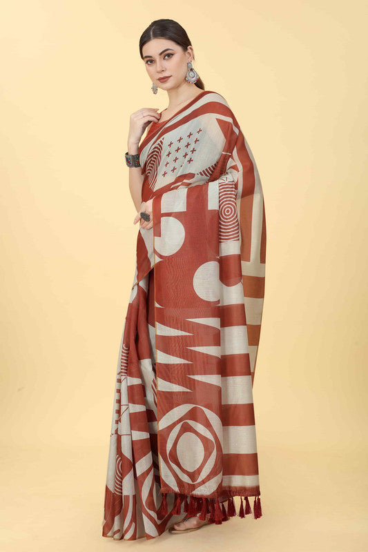 Maroon Cotton Blend Printed Geomatric Saree with Unstitched Blouse - Hiral Fashion | Swadesiicart