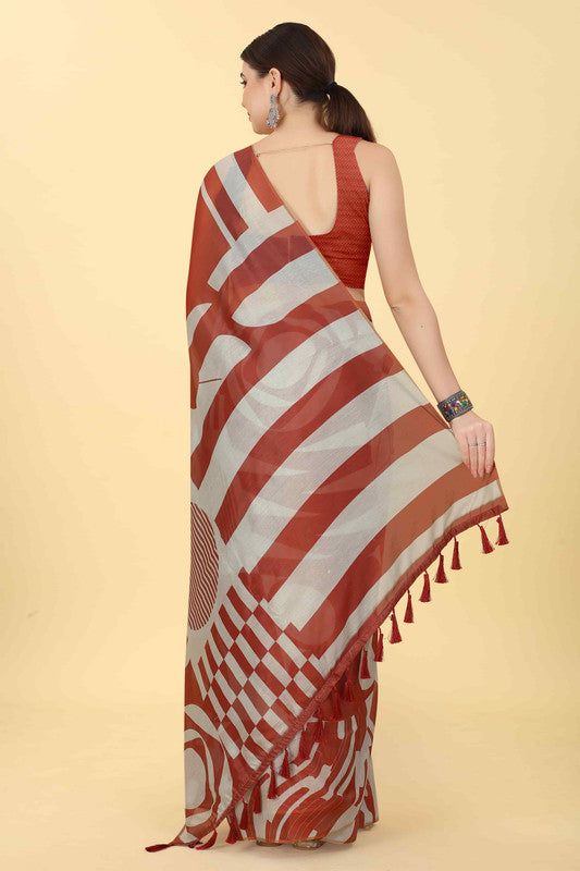 Maroon Cotton Blend Printed Geomatric Saree with Unstitched Blouse - Hiral Fashion | Swadesiicart