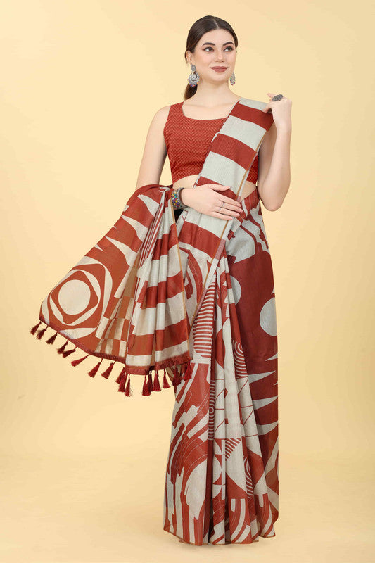 Maroon Cotton Blend Printed Geomatric Saree with Unstitched Blouse - Hiral Fashion | Swadesiicart