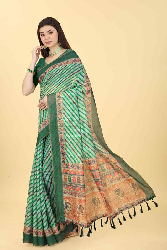 Multicolor Cotton Blend Printed Striped Saree with Unstitched Blouse - Hiral Fashion | Swadesiicart