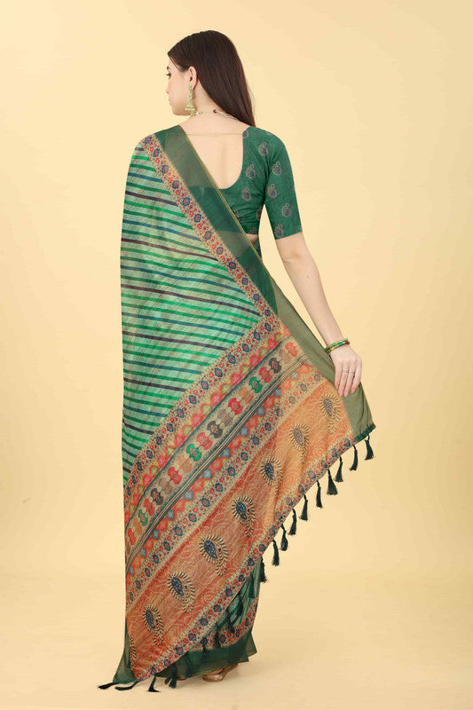 Multicolor Cotton Blend Printed Striped Saree with Unstitched Blouse - Hiral Fashion | Swadesiicart