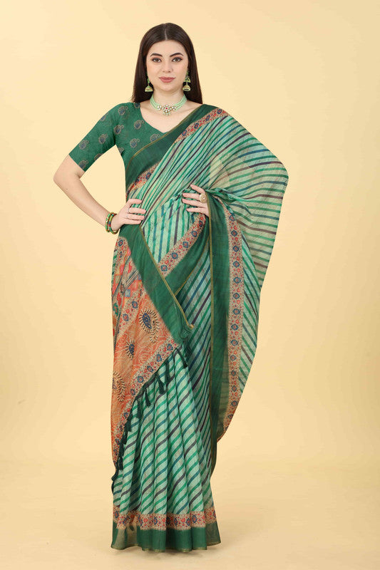 Multicolor Cotton Blend Printed Striped Saree with Unstitched Blouse - Hiral Fashion | Swadesiicart