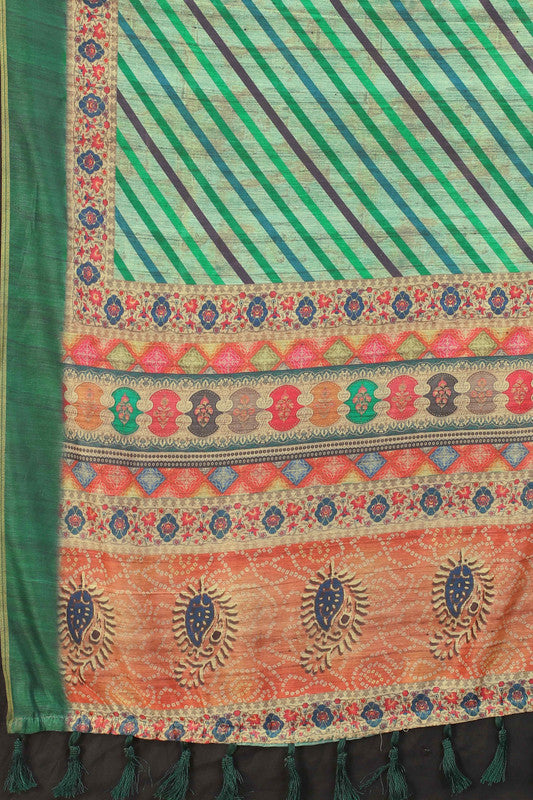 Multicolor Cotton Blend Printed Striped Saree with Unstitched Blouse - Hiral Fashion | Swadesiicart