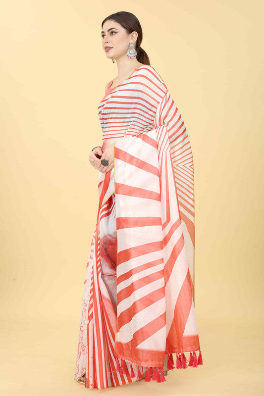 Red Cotton Blend Printed Striped Saree with Unstitched Blouse - Hiral Fashion | Swadesiicart