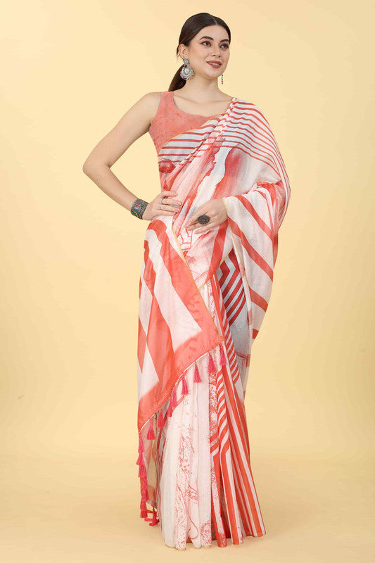 Red Cotton Blend Printed Striped Saree with Unstitched Blouse - Hiral Fashion | Swadesiicart