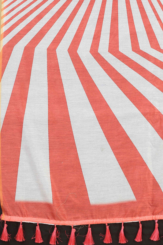 Red Cotton Blend Printed Striped Saree with Unstitched Blouse - Hiral Fashion | Swadesiicart