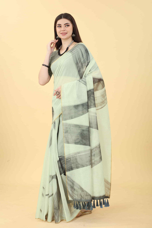 White Cotton Blend Printed Striped Saree with Unstitched Blouse - Hiral Fashion | Swadesiicart
