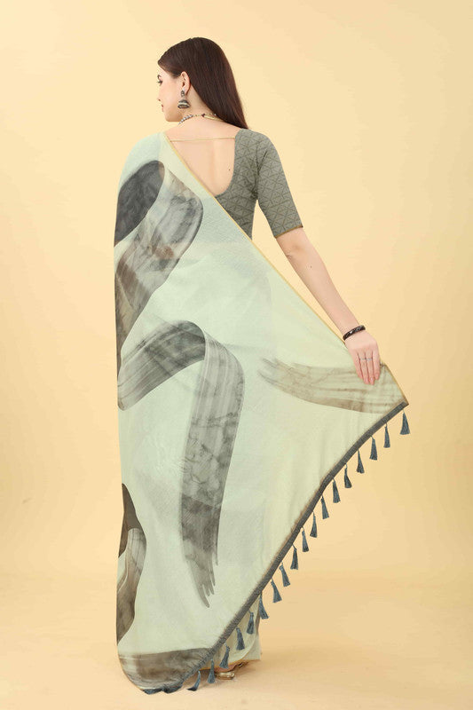 White Cotton Blend Printed Striped Saree with Unstitched Blouse - Hiral Fashion | Swadesiicart