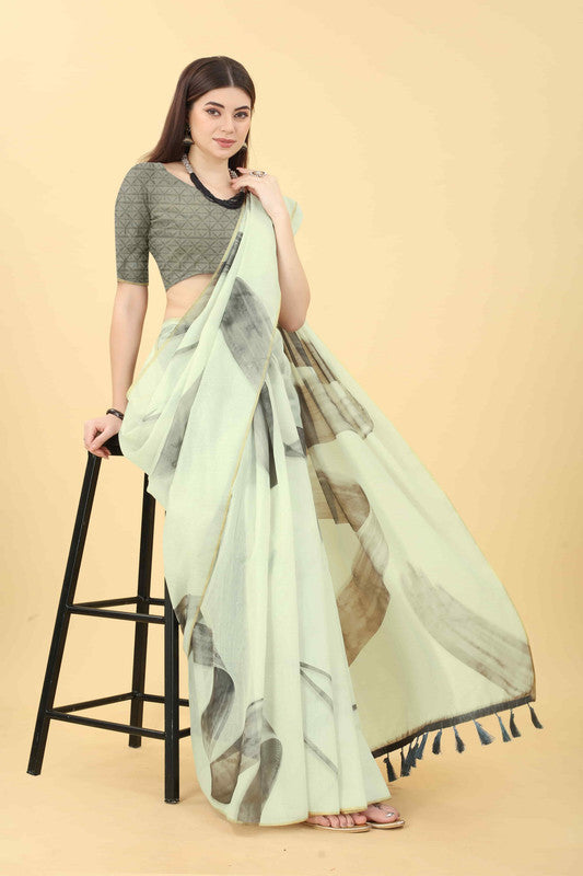 White Cotton Blend Printed Striped Saree with Unstitched Blouse - Hiral Fashion | Swadesiicart