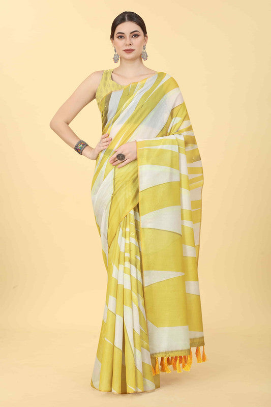 Yellow Cotton Blend Printed Striped Saree with Unstitched Blouse - Hiral Fashion | Swadesiicart