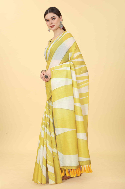 Yellow Cotton Blend Printed Striped Saree with Unstitched Blouse - Hiral Fashion | Swadesiicart