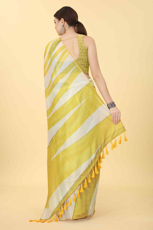 Yellow Cotton Blend Printed Striped Saree with Unstitched Blouse - Hiral Fashion | Swadesiicart