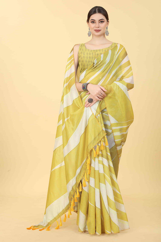 Yellow Cotton Blend Printed Striped Saree with Unstitched Blouse - Hiral Fashion | Swadesiicart
