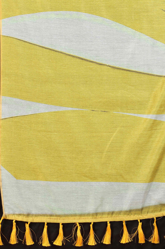 Yellow Cotton Blend Printed Striped Saree with Unstitched Blouse - Hiral Fashion | Swadesiicart