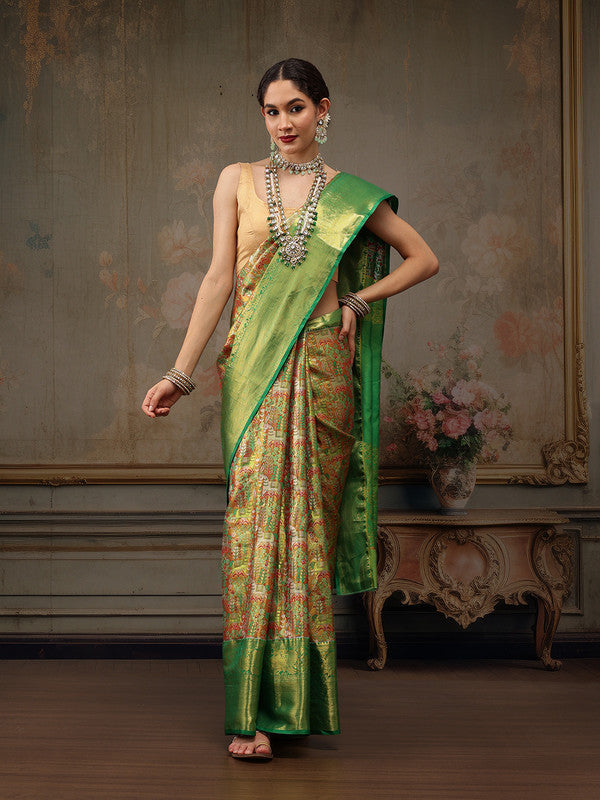 Green Pure Silk Woven Zari Design Ethnic Motifs Saree with Unstitched Blouse - Hiral Fashion | Swadesiicart