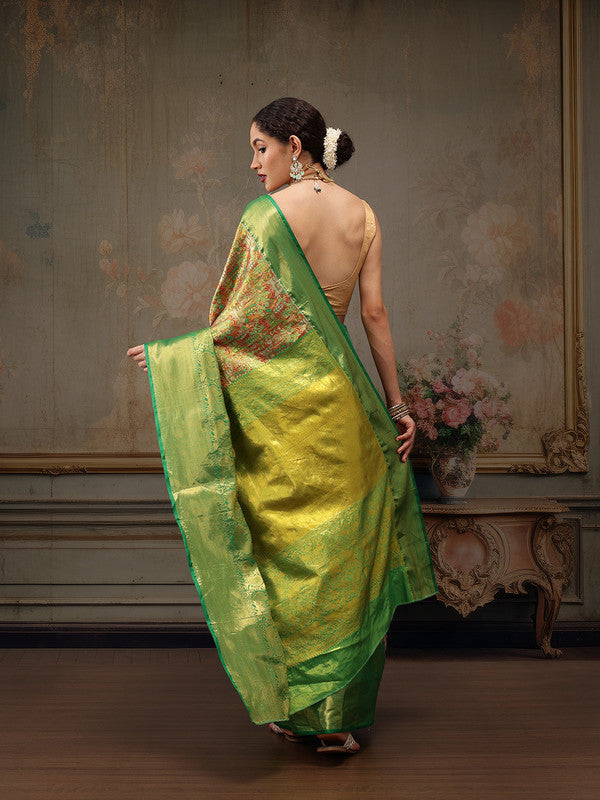 Green Pure Silk Woven Zari Design Ethnic Motifs Saree with Unstitched Blouse - Hiral Fashion | Swadesiicart