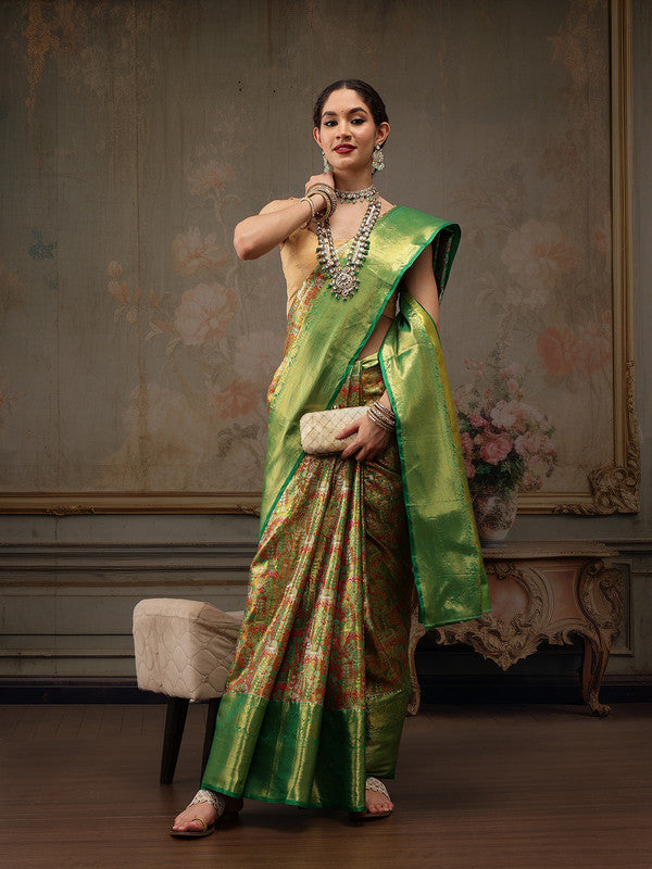 Green Pure Silk Woven Zari Design Ethnic Motifs Saree with Unstitched Blouse - Hiral Fashion | Swadesiicart