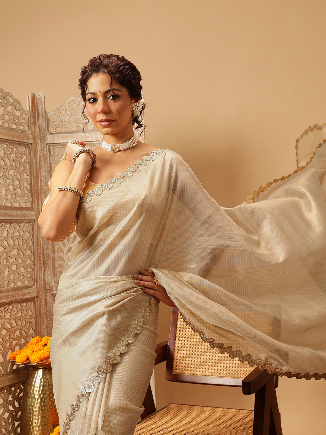 Hiral Fashion Beige Gota Patti Muga Silk Solid Lace Work Saree | Swadesiicart