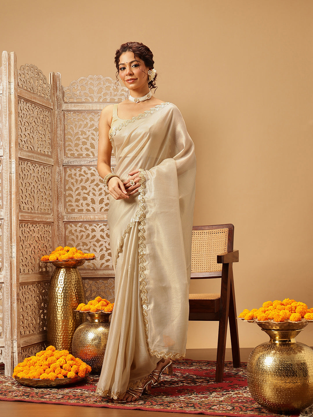 Hiral Fashion Beige Gota Patti Muga Silk Solid Lace Work Saree | Swadesiicart