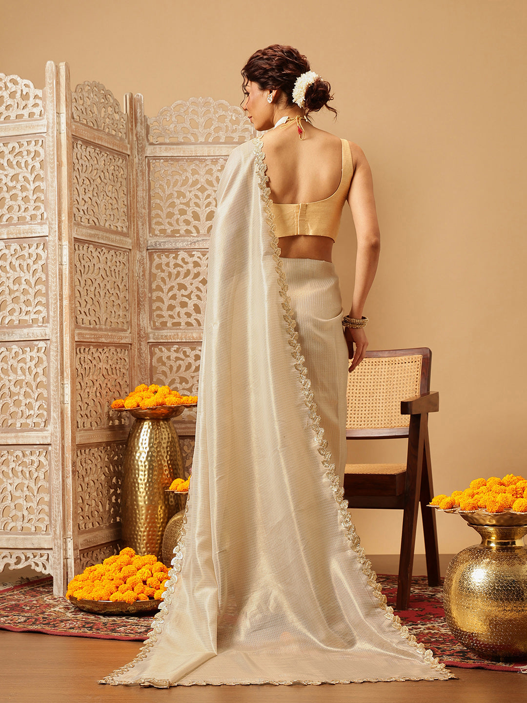 Hiral Fashion Beige Gota Patti Muga Silk Solid Lace Work Saree | Swadesiicart