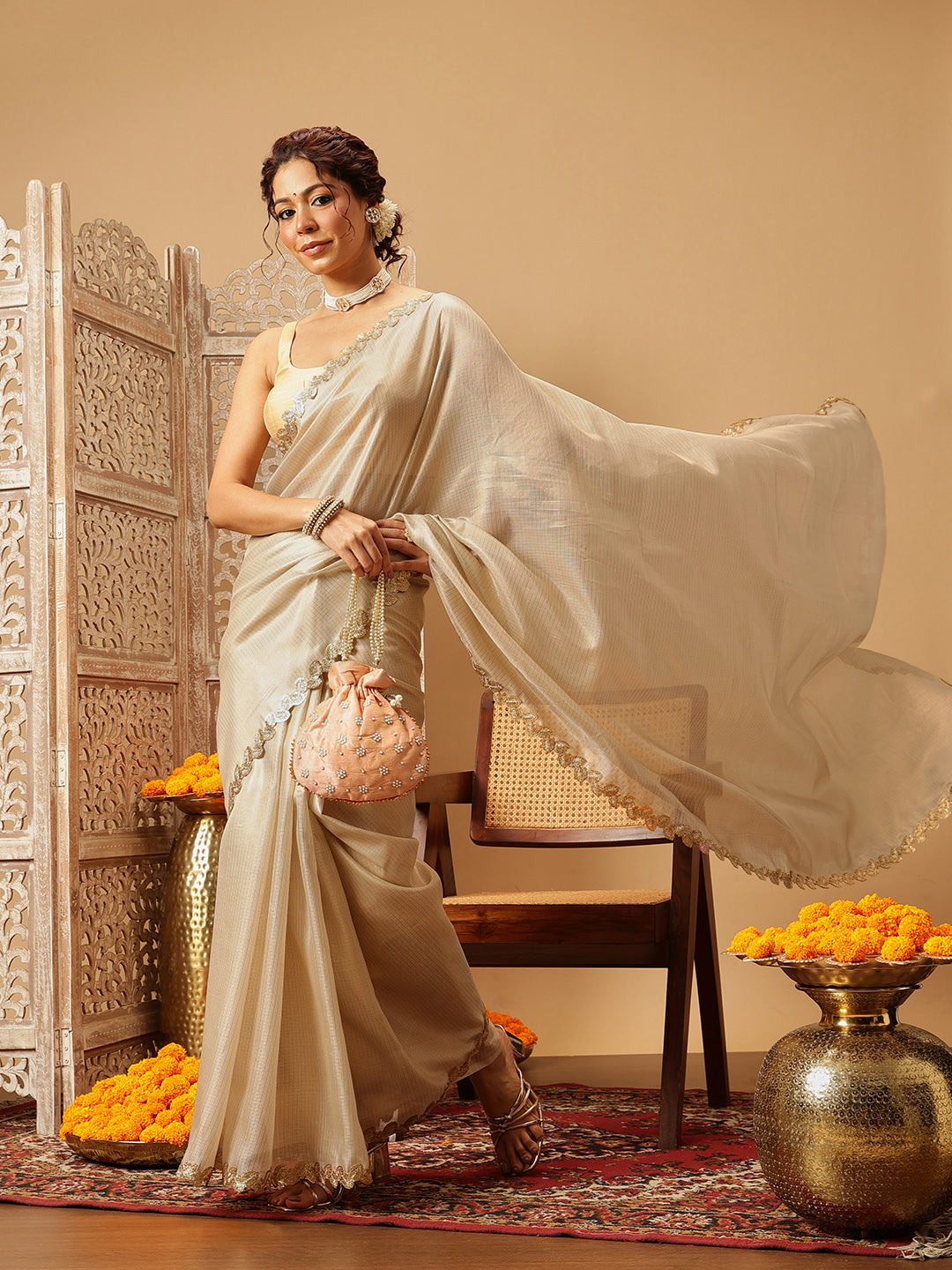 Hiral Fashion Beige Gota Patti Muga Silk Solid Lace Work Saree | Swadesiicart