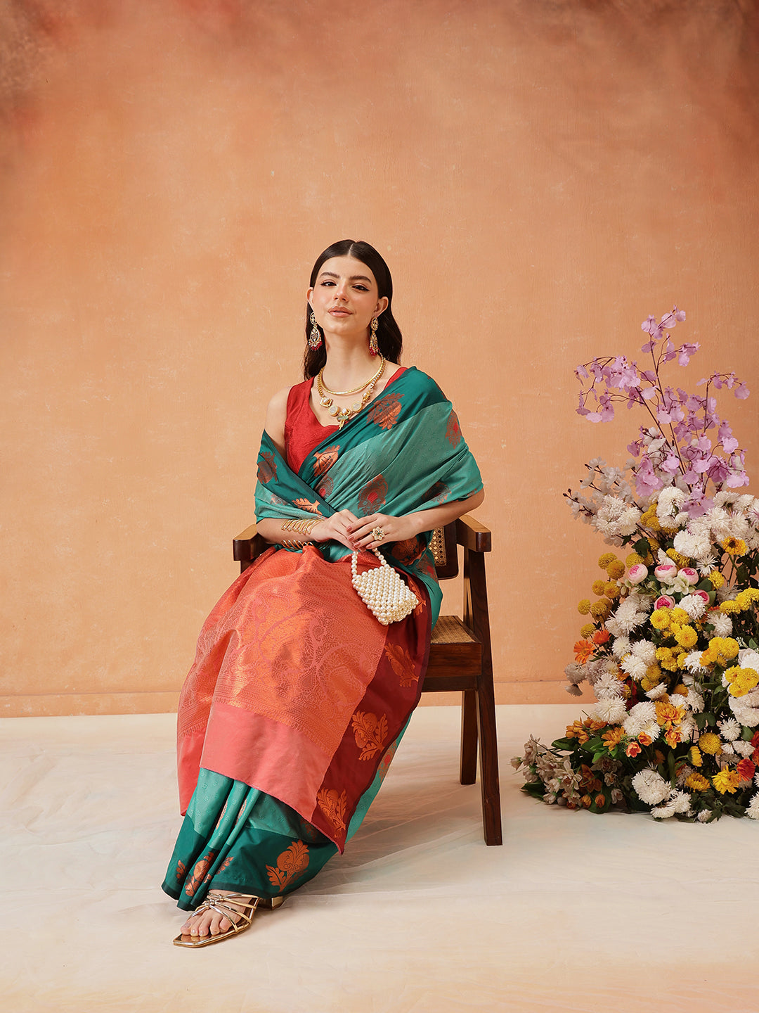 Hiral Fashion Turquoise Blue Banarasi Silk Floral Woven Design Saree | Swadesiicart