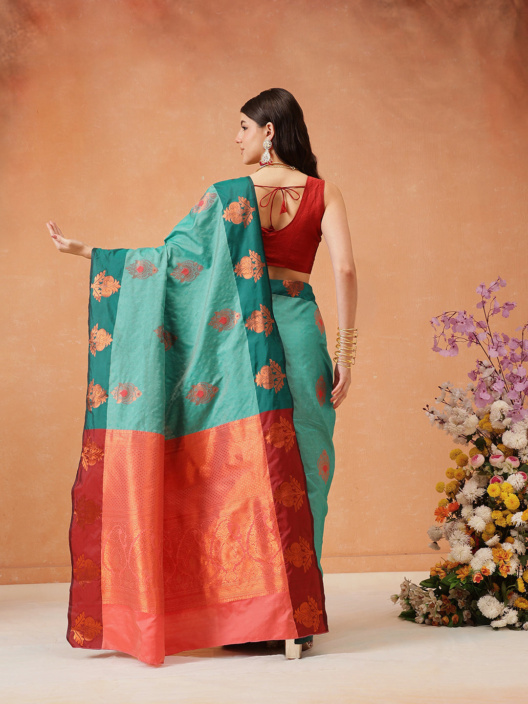 Hiral Fashion Turquoise Blue Banarasi Silk Floral Woven Design Saree | Swadesiicart