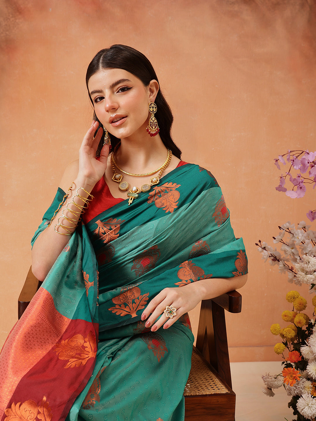 Hiral Fashion Turquoise Blue Banarasi Silk Floral Woven Design Saree | Swadesiicart