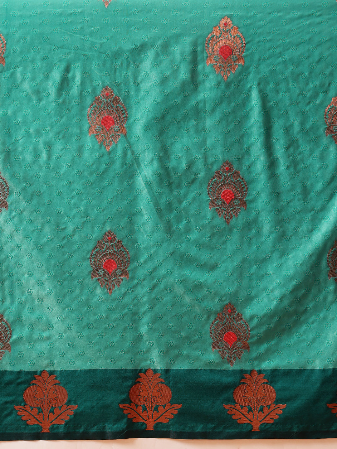 Hiral Fashion Turquoise Blue Banarasi Silk Floral Woven Design Saree | Swadesiicart