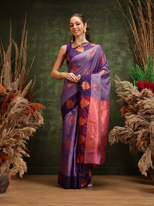 Hiral Fashion Lavender Banarasi Silk Floral Woven Design Saree | Swadesiicart