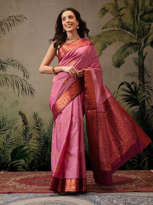Hiral Fashion Pink Banarasi Silk Floral Woven Design Saree | Swadesiicart