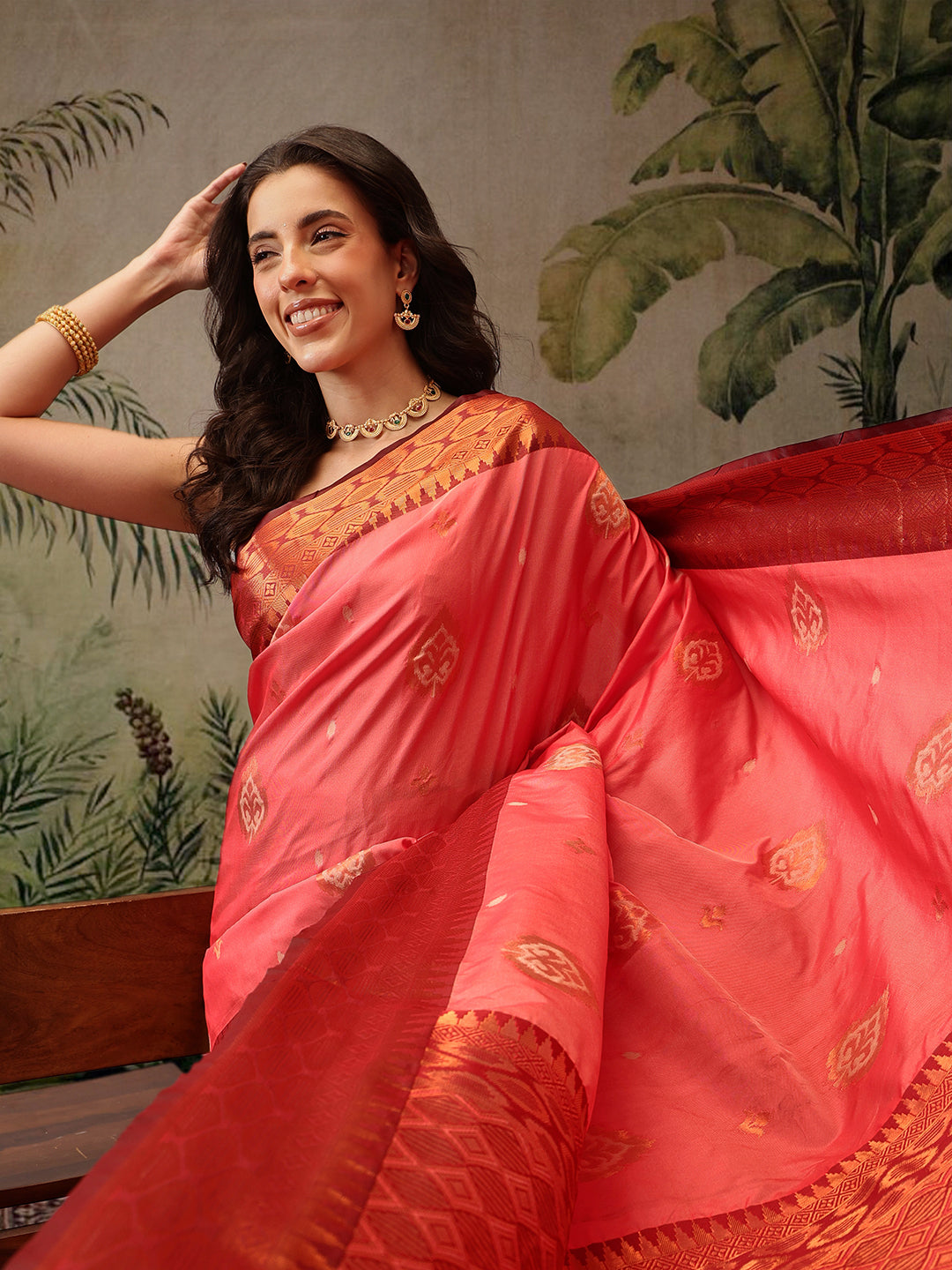 Hiral Fashion Peach Banarasi Silk Floral Woven Design Saree | Swadesiicart