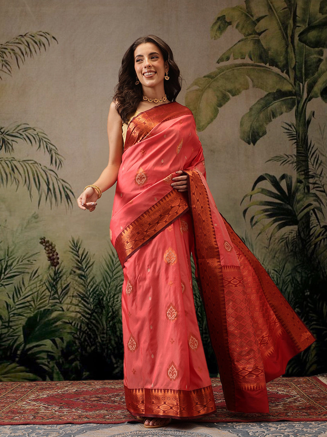 Hiral Fashion Peach Banarasi Silk Floral Woven Design Saree | Swadesiicart