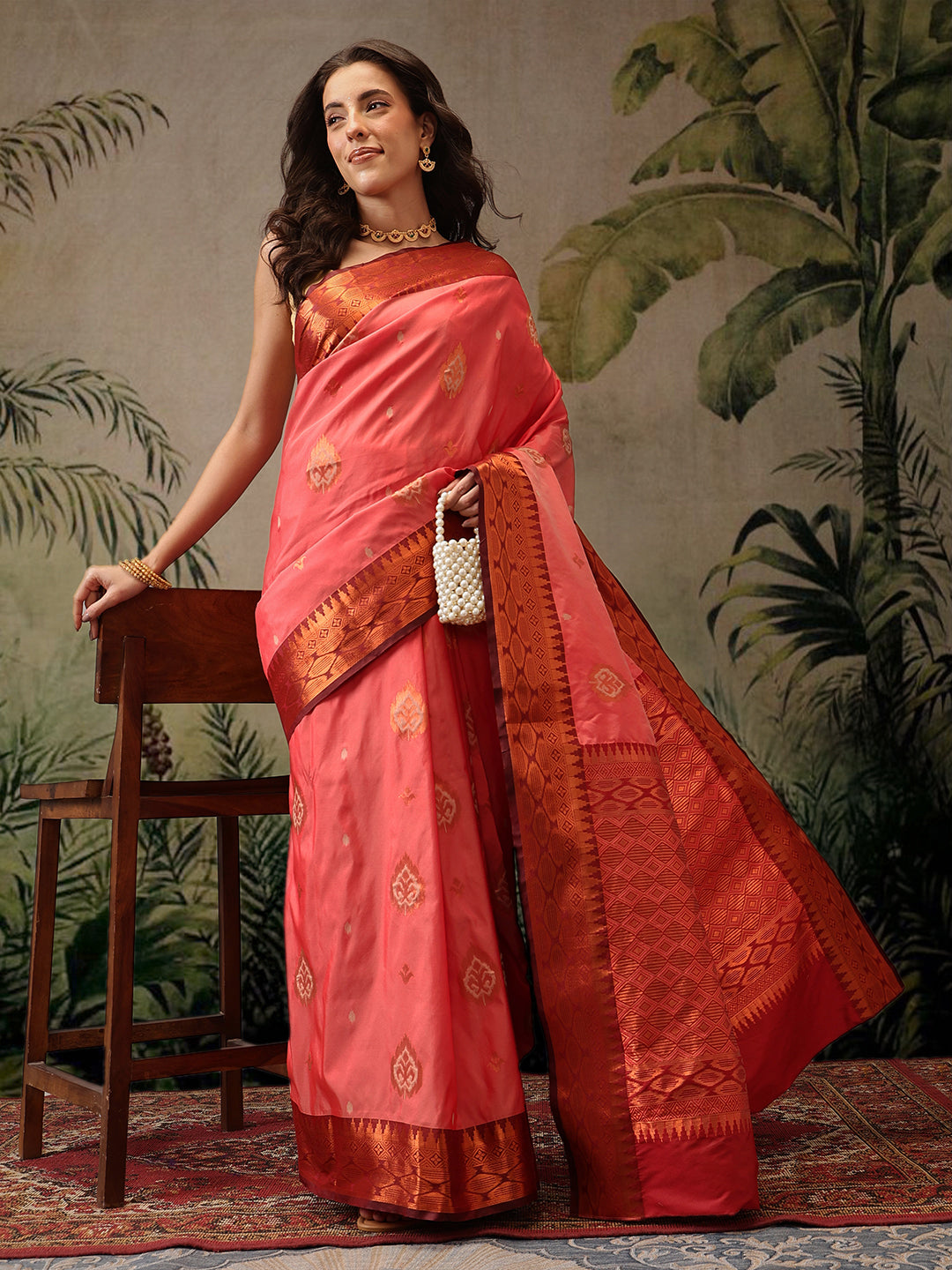 Hiral Fashion Peach Banarasi Silk Floral Woven Design Saree | Swadesiicart