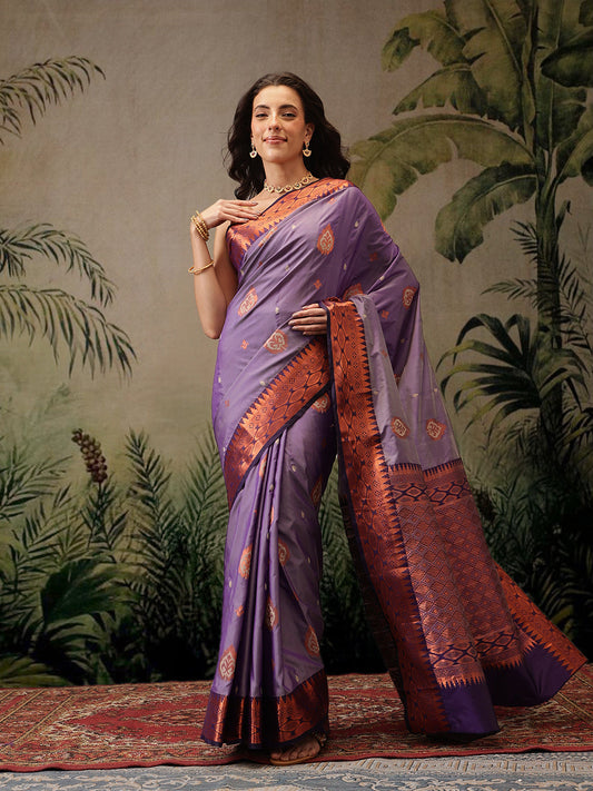 Hiral Fashion Purple Banarasi Silk Floral Woven Design Saree | Swadesiicart
