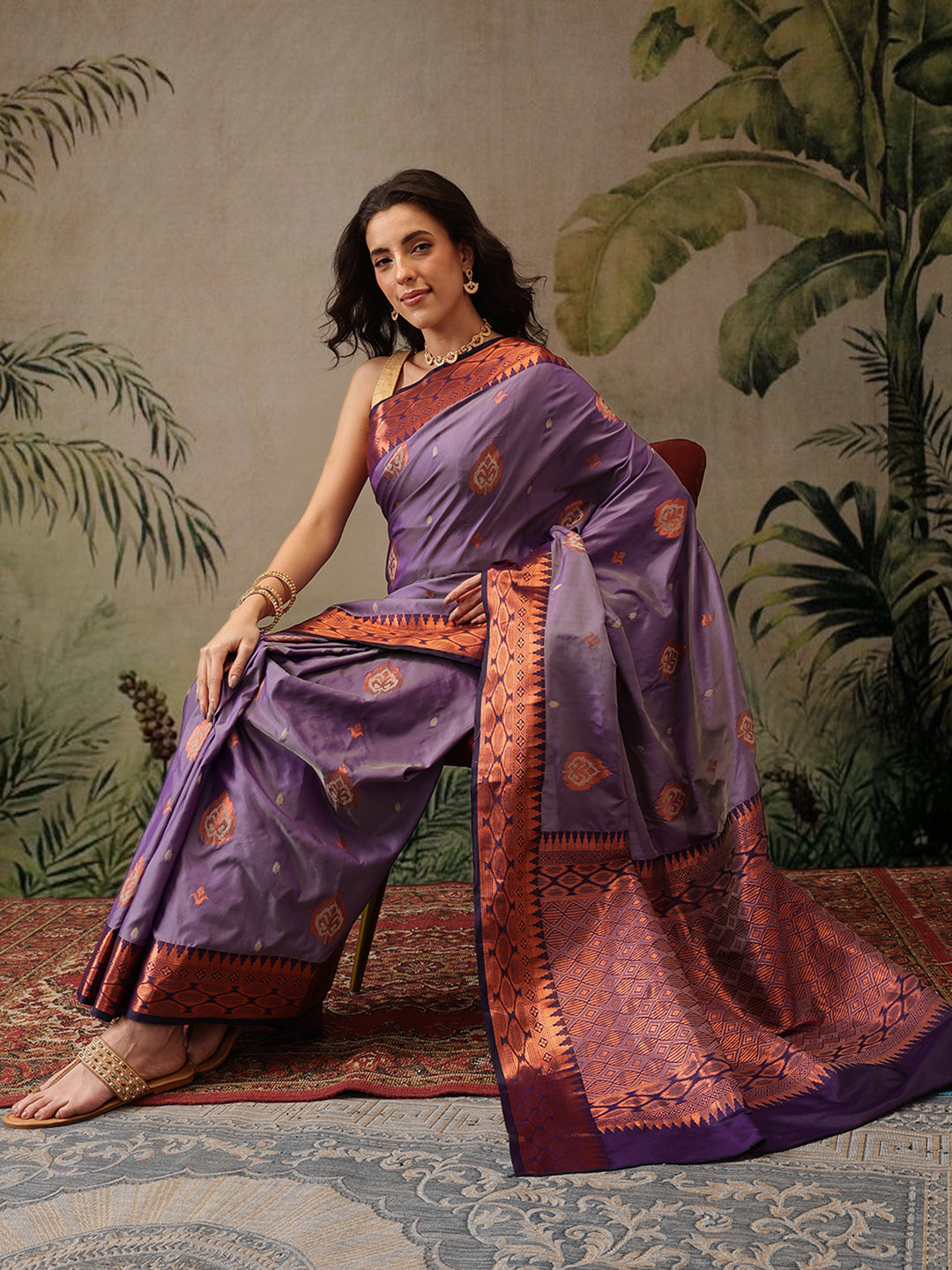 Hiral Fashion Purple Banarasi Silk Floral Woven Design Saree | Swadesiicart