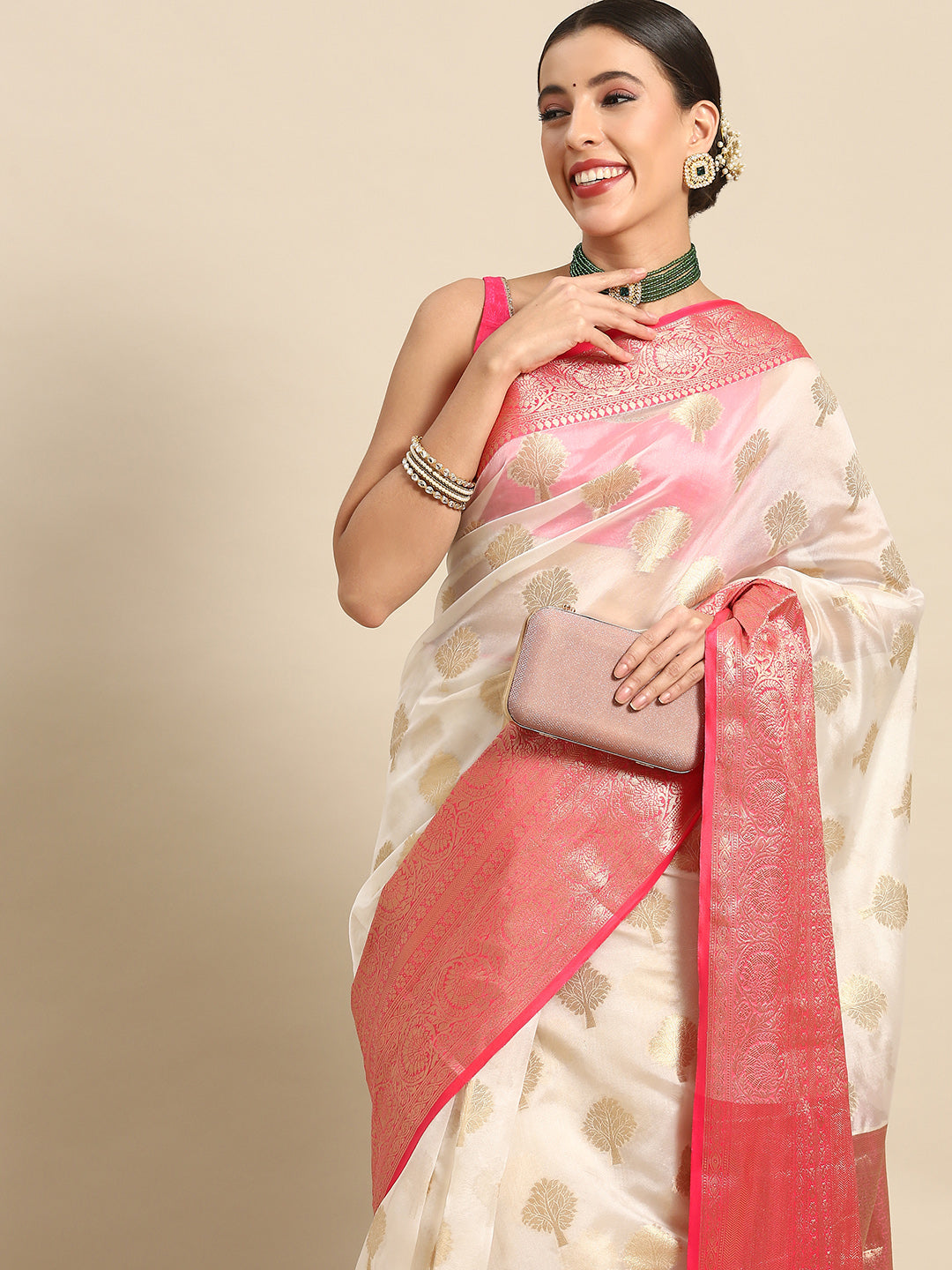 White Silk Blend Woven Zari Design Floral Saree with Unstitched Blouse - Hiral Fashion | Swadesiicart