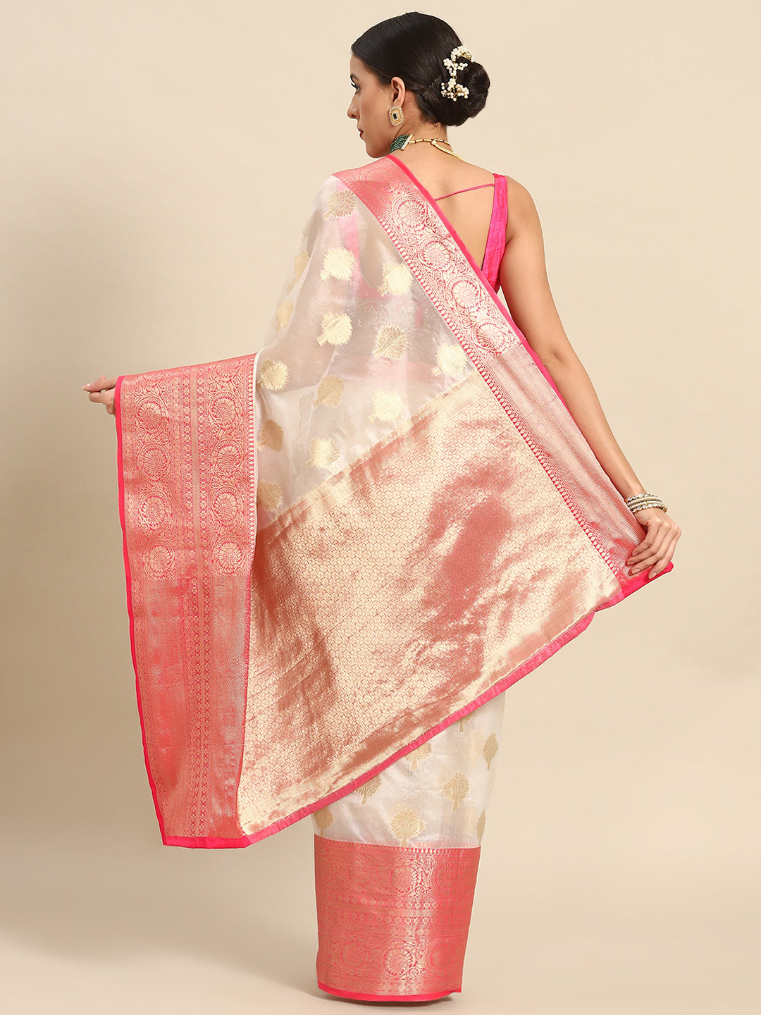 White Silk Blend Woven Zari Design Floral Saree with Unstitched Blouse - Hiral Fashion | Swadesiicart