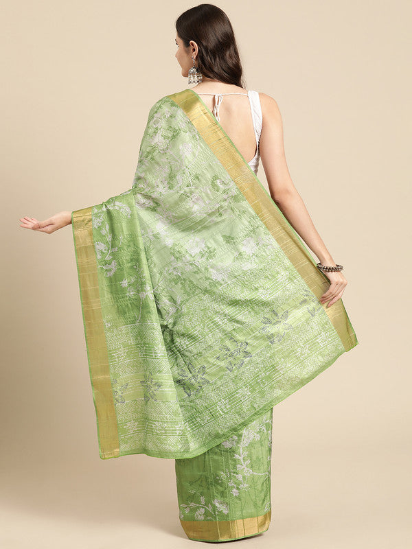 Green Silk Blend Digital Print Floral Saree with Unstitched Blouse - Hiral Fashion | Swadesiicart
