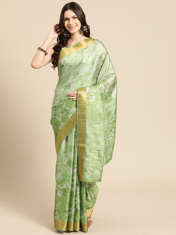 Green Silk Blend Digital Print Floral Saree with Unstitched Blouse - Hiral Fashion | Swadesiicart