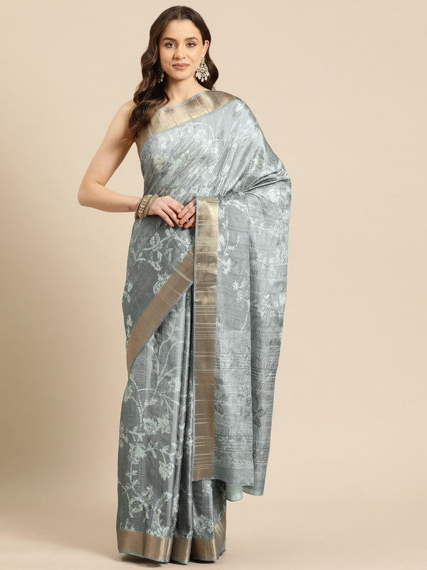 Gray Silk Blend Digital Print Floral Saree with Unstitched Blouse - Hiral Fashion | Swadesiicart
