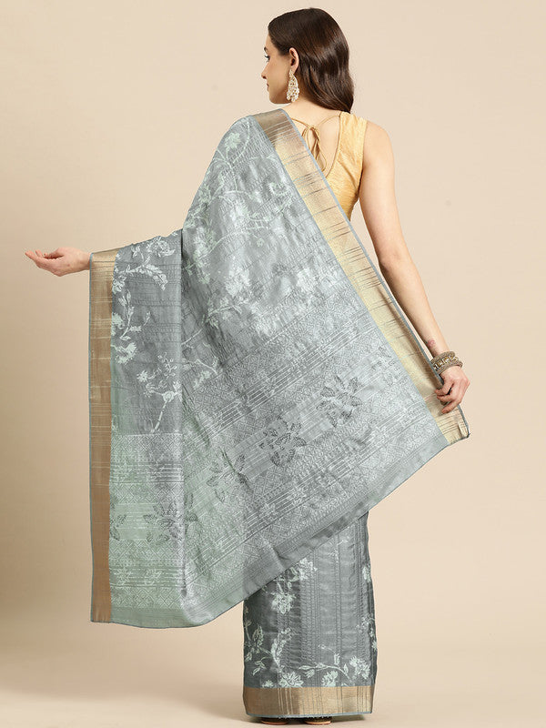 Gray Silk Blend Digital Print Floral Saree with Unstitched Blouse - Hiral Fashion | Swadesiicart