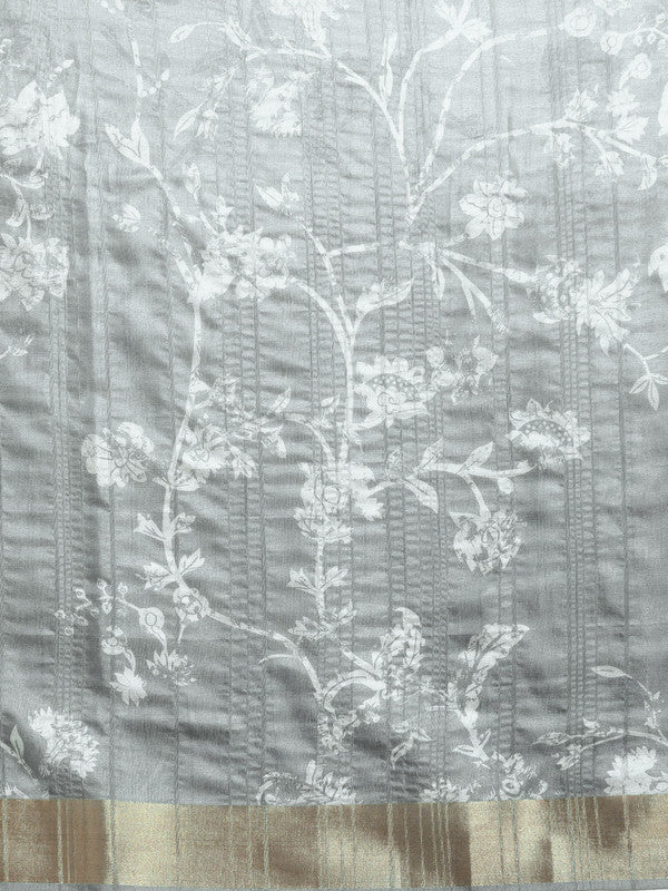 Gray Silk Blend Digital Print Floral Saree with Unstitched Blouse - Hiral Fashion | Swadesiicart